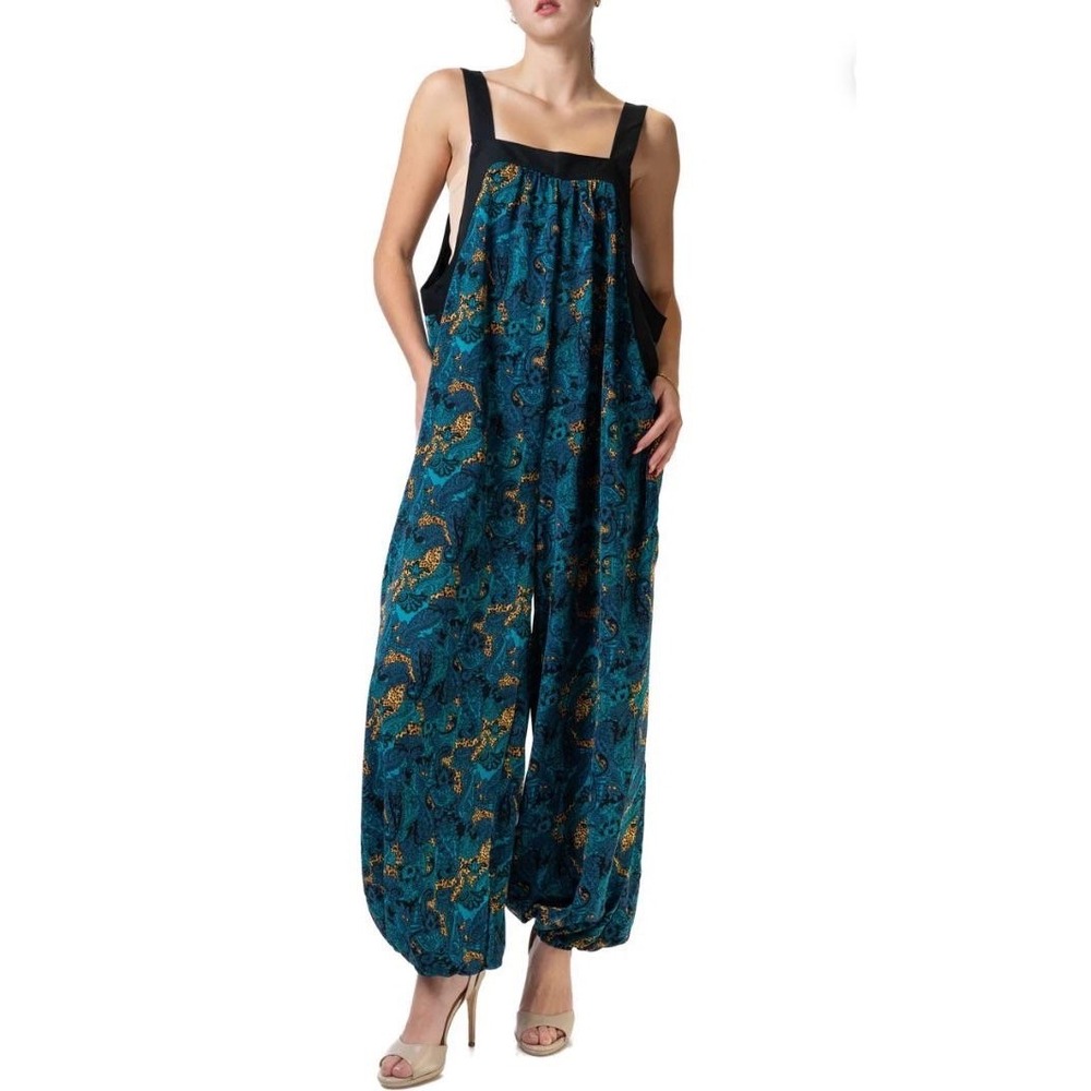 Kate Hewko Harem Overalls One Size Green Paisley Leopard Print Boho Artsy